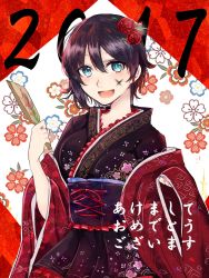 Rule 34 | 1girl, 2017, floral background, flower, hair flower, hair ornament, happy new year, highres, japanese clothes, kimono, new year, ruby rose, rwby, solo