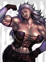 Rule 34 | 1girl, abs, arm up, armpits, belt, breasts, corset, dorohedoro, earrings, gloves, grey hair, huge breasts, jewelry, kisuu, large breasts, muscular, muscular female, noi (dorohedoro), non-web source, pants, red eyes, solo, tongue, tongue out, wide hips