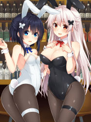 Rule 34 | 2girls, :d, alcohol, animal ears, ass, bar (place), bare shoulders, black hair, black leotard, blue eyes, blush, bottle, breasts, brown legwear, butterfly hair ornament, cleavage, commentary request, etna (kuzuyu), fake animal ears, hair between eyes, hair ornament, hand up, hands on own chest, hands up, highres, indoors, komori kuzuyu, large breasts, leotard, long hair, looking at viewer, looking back, multiple girls, open mouth, original, pantyhose, playboy bunny, rabbit ears, rabbit tail, red eyes, rivier (kuzuyu), silver hair, skindentation, small breasts, smile, tail, thigh strap, twisted torso, very long hair, white leotard, wrist cuffs