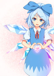 Rule 34 | 1girl, arms up, blue dress, blue eyes, blue hair, bow, cirno, commentary request, dress, edaman, gradient background, hair bow, head tilt, heart, heart hands, ice, looking at viewer, no legs, open mouth, pinafore dress, pink background, puffy short sleeves, puffy sleeves, red neckwear, red ribbon, ribbon, shirt, short hair, short sleeves, sleeveless dress, solo, standing, touhou, white shirt, wings