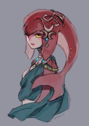 Rule 34 | 1girl, bad id, bad pixiv id, colored skin, fins, fish girl, hair ornament, jewelry, long hair, looking at viewer, mipha, monster girl, multicolored skin, nintendo, no eyebrows, red hair, red skin, smile, solo, the legend of zelda, the legend of zelda: breath of the wild, yellow eyes, zora