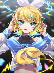 Rule 34 | 1girl, alternate costume, alternate eye color, aqua eyes, blonde hair, bow, collarbone, commentary, covered collarbone, fangs, gradient hair, hair bow, hair ornament, hairclip, halo, hands on own head, hands up, highres, kagamine rin, lens flare, long sleeves, looking at viewer, midriff, multicolored hair, off-shoulder shirt, off shoulder, open mouth, sailor collar, shirt, short hair, skin tight, smile, solo, soramame pikuto, tsurime, undershirt, upper body, vocaloid, x hair ornament
