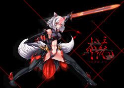 Rule 34 | 1girl, adapted costume, albino, alternate color, alternate costume, animal ears, bare shoulders, black background, black thighhighs, boots, center opening, character name, claws, commentary request, detached sleeves, fake horns, fighting stance, glitch, gloves, glowing, glowing sword, glowing weapon, grin, headgear, highres, horns, inubashiri momiji, inyuppo, navel, red eyes, shiny clothes, shiny skin, short hair, slit pupils, smile, sword, tail, thigh boots, thighhighs, touhou, weapon, white hair, wide sleeves, wolf ears, wolf girl, wolf tail