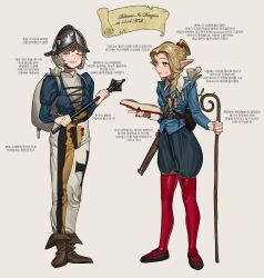 Rule 34 | 2girls, antique firearm, armor, bag, belt, blonde hair, blush, book, boots, braid, braided ponytail, brown bag, brown belt, brown footwear, buttons, carrying bag, chin strap, choker, closed eyes, commentary, cursive, dungeon meshi, elf, english text, falin touden, fingernails, firearm, firelock, flanged mace, full body, green eyes, gun, hair around ear, hair over shoulder, helm, helmet, highres, holding, holding book, holding mace, holding staff, holding weapon, korean text, long hair, long sleeves, mace, marcille donato, matchlock, military, multiple girls, open book, open mouth, pointy ears, pzkpfwi, red choker, red thighhighs, ribbon, sack, satchel, short hair, shoulder bag, simple background, single braid, smile, staff, standing, sweat, sweatdrop, teeth, thighhighs, translation request, weapon