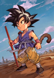 Rule 34 | 1boy, black eyes, black hair, blue shirt, blue sky, brown footwear, child, clenched hand, closed mouth, cloud, collarbone, day, desert, dougi, dragon ball, dragon ball (classic), full body, holding, holding weapon, hungry clicker, male focus, monkey tail, mountain, mountainous horizon, outdoors, pants, ruyi jingu bang, sash, shirt, shoes, sky, sleeveless, sleeveless shirt, smile, smirk, solo, son goku, spiked hair, standing, tail, v-shaped eyebrows, weapon, white sash, yellow pants