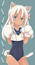Rule 34 | &gt;:o, 10s, 1girl, :o, animal ears, animal hands, blonde hair, blue eyes, cat ears, cat tail, covered navel, gloves, grey background, kantai collection, long hair, one-piece swimsuit, one-piece tan, paw gloves, ro-500 (kancolle), school swimsuit, simple background, solo, swimsuit, swimsuit under clothes, tail, tan, tanline, torpedo, ude, v-shaped eyebrows