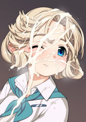 Rule 34 | 1girl, blonde hair, blue eyes, blush, closed mouth, collared shirt, commentary request, cum, cum on hair, facial, hair rings, harukaze unipo, highres, janus (kancolle), kantai collection, looking to the side, one eye closed, portrait, shirt, short hair, solo, white shirt