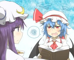 Rule 34 | 2girls, :/, annoyed, ascot, bat wings, bespectacled, blue hair, book, brooch, crescent, dress, fang, glasses, hat, hat ribbon, jewelry, jitome, long hair, mob cap, multiple girls, nobamo pieruda, open mouth, patchouli knowledge, purple eyes, purple hair, red eyes, remilia scarlet, ribbon, sideways mouth, spoken squiggle, squiggle, sweat, tears, touhou, wavy mouth, white dress, wings