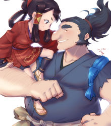 Rule 34 | 1boy, 1girl, arm hair, black eyes, black hair, blush, commentary request, dated, hair rings, hair tubes, height difference, highres, japanese clothes, kimono, kurono (karasuno), long hair, looking at another, muscular, ponytail, red kimono, sakuna-hime, sandals, short eyebrows, signature, simple background, sitting on arm, smile, tauemon, tensui no sakuna-hime, thick eyebrows, upper body, white background
