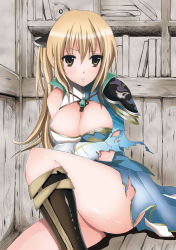 Rule 34 | 1girl, amami reiko, blonde hair, breast hold, breasts, cleavage, large breasts, long hair, ponytail, shin sangoku musou, shin sangoku musou 6, shoulder pads, skirt, solo, thighs, torn clothes, wang yuanji, yellow eyes