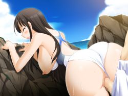 Rule 34 | 1girl, arched back, ass, beach, bent over, blue sky, blush, breasts, brown hair, censored, closed eyes, clothing aside, cloud, competition swimsuit, game cg, hanging breasts, koi to mizugi to taiyo to, large breasts, long hair, maejima aya, male swimwear, nipples, ocean, one-piece swimsuit, one-piece swimsuit aside, open mouth, outdoors, penis, pussy, rock, sex, sky, sweat, swim trunks, swimsuit, swimsuit aside, water, waves, white male swimwear, white one-piece swimsuit, white swim trunks
