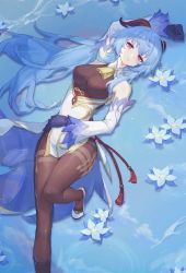 Rule 34 | 1girl, arm up, bare shoulders, black gloves, black pantyhose, blue hair, bodystocking, breasts, detached sleeves, flower, foot out of frame, ganyu (genshin impact), genshin impact, gloves, high-waist skirt, highres, horns, large breasts, long hair, long sleeves, looking at viewer, lying, medium breasts, on back, pantyhose, pmg, purple eyes, skirt, solo, thighband pantyhose, thighs, very long hair, water, white skirt