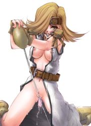 Rule 34 | 1girl, ball gag, belt, blonde hair, blush, boku to maou, boots, breasts, crotch rub, dildo, female masturbation, gag, gloves, hair over one eye, kneeling, masturbation, navel, nipple slip, nipples, no bra, no panties, object insertion, open clothes, pussy juice, rosaly, saliva, sex toy, short hair, solo, spread legs, sweat, sword, tears, thighs, vaginal, vaginal object insertion, weapon, weapon insertion, white background