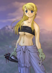 Rule 34 | 00s, 1girl, bandeau, blonde hair, blue eyes, blush, breasts, collarbone, earrings, fullmetal alchemist, gloves, jewelry, large breasts, long hair, mechanic, midriff, navel, smile, solo, strapless, tomboy, tube top, underboob, winry rockbell, wrench