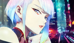 Rule 34 | 1girl, absurdres, bob cut, cityscape, cyberpunk, cyberpunk (series), cyberpunk 2077, cyberpunk edgerunners, english text, grey hair, highres, looking at viewer, lucy (cyberpunk), short hair, sleeveless, song name, tobarana, white hair