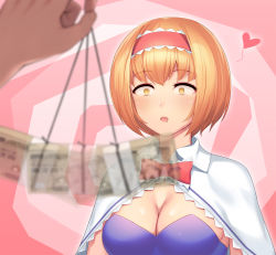 Rule 34 | 1girl, @ @, alice margatroid, blonde hair, blue dress, bob cut, bow, bowtie, breasts, capelet, cleavage, commentary request, constricted pupils, dress, drooling, hairband, heart, highres, holding, hypnosis, medium breasts, mind control, money, open mouth, pink background, pink bow, pink hairband, pink neckwear, short hair, solo focus, strapless, strapless dress, swirl, tarmo, touhou, upper body, white capelet, yellow eyes