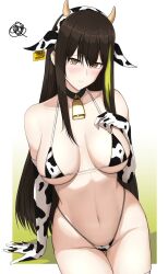 Rule 34 | 1girl, alternate costume, animal ears, animal print, bell, bikini, brown hair, cow ears, cow horns, cow print, cow print bikini, cow print gloves, cowbell, ear tag, elbow gloves, fake animal ears, fake horns, girls&#039; frontline, gloves, hand on own chest, highleg, highleg bikini, highres, horns, long hair, looking at viewer, m4a1 (girls&#039; frontline), multicolored hair, neck bell, print bikini, print gloves, streaked hair, sumi ojie, swimsuit