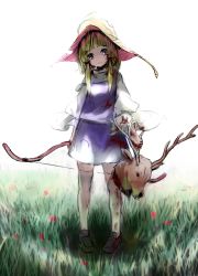 Rule 34 | 1girl, animal, blonde hair, blood, blood on clothes, blood on face, bow, bow (weapon), colorized, deer, full body, grass, hair bow, hair ornament, hat, horns, kachayori, leaf, leaf on head, long sleeves, looking at viewer, moriya suwako, severed head, shirt, shoes, short hair, simple background, sketch, skirt, skirt set, smile, solo, thighhighs, touhou, turtleneck, vest, weapon, white background, white thighhighs, wide sleeves, zettai ryouiki