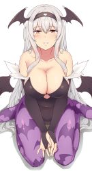 Rule 34 | 1girl, animal print, bad id, bad pixiv id, bare shoulders, bat print, bat wings, blush, breasts, bridal gauntlets, cleavage, cosplay, demon girl, hairband, head wings, highres, kantai collection, large breasts, leotard, long hair, morrigan aensland, morrigan aensland (cosplay), pantyhose, print pantyhose, shoukaku (kancolle), silver hair, simple background, sitting, smile, solo, suisen toire (moko924), vampire (game), wariza, white background, wings, yellow eyes