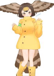 Rule 34 | 1girl, alternate costume, bird girl, bird tail, bird wings, blonde hair, blush, boots, brown eyes, brown hair, full body, hair between eyes, head wings, high collar, highres, jacket, kemono friends, long sleeves, multicolored hair, peregrine falcon (kemono friends), rubber boots, short hair, skygunsou43, solo, tail, wings, yellow footwear, yellow jacket