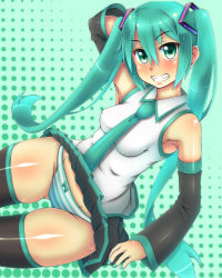 Rule 34 | 1girl, detached sleeves, female focus, green eyes, green hair, grin, hatsune miku, j (shining-next), long hair, matching hair/eyes, necktie, panties, pantyshot, shiny skin, skirt, smile, solo, striped clothes, striped panties, thighhighs, twintails, underwear, upskirt, very long hair, vocaloid