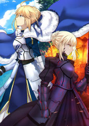 Rule 34 | 2girls, ahoge, armor, armored dress, artoria pendragon (all), artoria pendragon (fate), blonde hair, blue dress, bow, braid, breasts, cape, cleavage, dress, dual persona, excalibur morgan (fate), fate/grand order, fate/stay night, fate (series), faulds, french braid, fur-trimmed cape, fur trim, gauntlets, green eyes, hair ribbon, heaven&#039;s feel, highres, juliet sleeves, long sleeves, multiple girls, open mouth, pale skin, puffy sleeves, ribbon, saber (fate), saber alter, shigure s, short hair, sidelocks, sky, yellow eyes