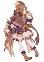 Rule 34 | 1girl, absurdres, blush, boots, bow, brown footwear, brown hair, character request, commentary request, copyright request, eyelashes, fingernails, footwear bow, hair ornament, hand up, highres, holding, long sleeves, looking at viewer, looking to the side, open mouth, orange bow, pantyhose, parted bangs, simple background, skirt, solo, teeth, tongue, white background, white pantyhose, white skirt, zuizi