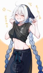 Rule 34 | 1girl, ahoge, alternate costume, alternate hair color, apron, armpit peek, blue hair, blush, braid, breasts, clothes lift, commentary request, facing viewer, feet out of frame, gradient hair, grin, hands up, highres, index finger raised, kizuna akari, long hair, low twin braids, medium breasts, midriff, multicolored hair, notice lines, print shirt, ribs, shirt, shirt lift, simple background, skinny, smile, solo, standing, stomach, sweat, tenugui, text print, translated, twin braids, v-shaped eyebrows, very long hair, vocaloid, voiceroid, waist apron, white hair, wink star, wiping sweat, yodare (3yami8)