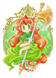 Rule 34 | 1girl, artist name, axe, blush, character name, curly hair, dated, final fantasy, final fantasy mystic quest, green eyes, karen (ffmq), leaf, long hair, orange hair, simple background, solo, tiara, tmbsrky, upper body, weapon, white background