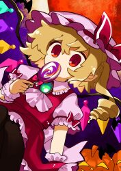 Rule 34 | back bow, blonde hair, bow, candy, collared shirt, crystal, flandre scarlet, food, frilled shirt collar, frilled skirt, frilled sleeves, frills, halloween, hat, hat ribbon, highres, holding, holding candy, holding food, holding lollipop, jack-o&#039;-lantern, lollipop, maa (forsythia1729), mob cap, one side up, puffy short sleeves, puffy sleeves, red eyes, red ribbon, red skirt, red vest, ribbon, shirt, short hair, short sleeves, skirt, skirt set, touhou, vest, white bow, white hat, white shirt, wings, wrist cuffs