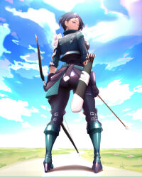Rule 34 | 1girl, arrow (projectile), ass, black choker, black gloves, black pants, blue hair, bow (weapon), breasts, choker, clenched hand, cloud, commentary request, fire emblem, fire emblem: three houses, from behind, gloves, green footwear, green vest, holding, holding arrow, holding bow (weapon), holding weapon, large breasts, looking at viewer, nintendo, outdoors, pants, purple eyes, quiver, shamir nevrand, short hair, vest, weapon, yanmarson