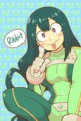 Rule 34 | 10s, 1girl, asui tsuyu, blush stickers, bodysuit, boku no hero academia, breasts, closed mouth, gloves, green hair, highres, jen-jen rose, long hair, medium breasts, solo, text focus, tongue, tongue out, white gloves