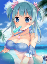 Rule 34 | 1girl, bad id, bad pixiv id, ball, bare shoulders, beachball, bikini, blue bikini, blue eyes, blue hair, blue sky, blurry, blurry background, blush, breasts, cleavage, cloud, cloudy sky, collarbone, commentary request, day, depth of field, earrings, fingernails, food in mouth, halterneck, highres, horizon, jewelry, large breasts, long hair, looking at viewer, magia record: mahou shoujo madoka magica gaiden, mahou shoujo madoka magica, minami rena, minami rena (swimsuit costume), mouth hold, nail polish, necklace, ocean, outdoors, palm tree, pink nails, polka dot, polka dot bikini, shell, shell necklace, shikino (sikinonono), side-tie bikini bottom, sky, solo, swimsuit, tree, two side up, water, wet