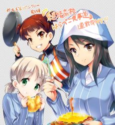 Rule 34 | 10s, aki (girls und panzer), apron, ashimoto yoika, blue hat, blue jacket, blue shirt, brown eyes, brown hair, checkered background, closed mouth, commentary request, dress shirt, eating, food, fork, girls und panzer, girls und panzer saishuushou, green eyes, grin, hair tie, hat, head tilt, highres, holding, holding food, holding fork, holding pan, holding plate, jacket, keizoku military uniform, keizoku school uniform, leaning forward, light brown hair, long hair, long sleeves, looking at viewer, mika (girls und panzer), mikko (girls und panzer), military, military uniform, omelet, partial commentary, pasta, plate, raglan sleeves, red eyes, red hair, school uniform, shirt, short hair, short twintails, frying pan, smile, striped clothes, striped shirt, track jacket, translation request, twintails, uniform, v-shaped eyebrows, vertical-striped clothes, vertical-striped shirt, white shirt, wing collar, zipper