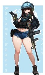 1girl ammunition_pouch ar-15 assault_rifle blue_helmet blue_shorts brown_eyes brown_hair chest_rig combat_helmet cutoffs denim denim_shorts gloves gun handgun helmet highres holding holding_weapon laser_sight magazine_(weapon) open_mouth optical_sight original pouch rifle short_shorts shorts united_nations v vertical_foregrip weapon wkorspol