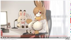 Rule 34 | 1girl, animal ears, breasts, brown hair, center frills, chair, character doll, commentary, controller, curtains, dated, day, european hare (kemono friends), extra ears, female focus, frills, fur-trimmed sleeves, fur collar, fur trim, game controller, hair over one eye, holding, holding controller, huge breasts, indoors, kemono friends, keyboard (computer), livestream, long hair, long sleeves, mask, microphone, monitor, mountain hare (kemono friends), mouth mask, office chair, rabbit ears, rabbit girl, red eyes, shirt, signature, solo, surgical mask, swivel chair, table, waving, white shirt, window, yoshida hideyuki, youtube
