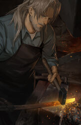 Rule 34 | 1boy, absurdres, apron, arknights, beard, black apron, blacksmith, blue shirt, chinese commentary, closed mouth, commentary request, concentrating, embers, facial hair, fingernails, glowing hot, green eyes, grey hair, hair intakes, hammer, hellagur (arknights), highres, holding, holding blade, holding hammer, long hair, looking down, male focus, mustache, old, scornine, shirt, sleeves pushed up, solo, standing, working