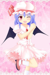 Rule 34 | 1girl, ankle ribbon, bad id, bad pixiv id, bat wings, blue hair, blush, border, brooch, bubble, fang, frills, hat, hat ribbon, heart, highres, idatenmaru, interlocked fingers, jewelry, kneehighs, lace, lace border, leg ribbon, looking at viewer, mob cap, one eye closed, open mouth, ornate border, own hands clasped, own hands together, pink background, puffy short sleeves, puffy sleeves, red eyes, remilia scarlet, ribbon, short hair, short sleeves, skirt, skirt set, socks, solo, standing, standing on one leg, touhou, wings, wink