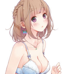 Rule 34 | 1girl, :o, bare arms, bare shoulders, blush, bra, braid, breasts, brown hair, bug, butterfly, cleavage, collarbone, earrings, female focus, french braid, insect, jewelry, looking at viewer, maigoyaki, medium breasts, mole, mole on breast, necklace, open mouth, original, purple eyes, short hair, simple background, solo, underwear, white background, white bra