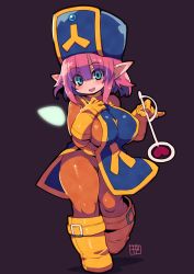Rule 34 | 1girl, :d, absurdres, blue eyes, blue hat, blush, bodysuit, boots, breasts, brown background, covered erect nipples, dragon quest, dragon quest x, elf (dq10), full body, hat, highres, holding, large breasts, looking at viewer, medium hair, open mouth, orange bodysuit, pantyhose, pink hair, pinky out, pointy ears, signature, simple background, smile, solo, standing, tabard, yellow footwear, zankuro