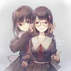 Rule 34 | 2girls, :d, adjusting another&#039;s glasses, black dress, character request, closed mouth, dated, dress, english text, flower, flowers (innocent grey), glasses, grey background, hair flower, hair ornament, hair scrunchie, happy birthday, highres, kobutakurassyu, long sleeves, mole, mole under eye, multiple girls, neck ribbon, one side up, open mouth, over-rim eyewear, puffy sleeves, red-framed eyewear, red ribbon, ribbon, sasaki ichigo, sasaki ringo, scrunchie, semi-rimless eyewear, short hair, siblings, simple background, sisters, smile, v