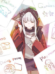 Rule 34 | 1girl, animal ear fluff, animal ears, arknights, beanie, black hat, black skirt, brown pantyhose, closed eyes, closed mouth, e-bushi, ears through headwear, english text, facing viewer, frostleaf (arknights), grey shirt, hand on headphones, hands up, hat, jacket, long sleeves, open clothes, open jacket, pantyhose, puffy long sleeves, puffy sleeves, red jacket, shirt, skirt, smile, solo, white hair