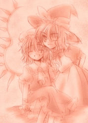 Rule 34 | 2girls, apron, arm behind back, ascot, closed eyes, flandre scarlet, happy, hat, kirisame marisa, kokono coco, looking at viewer, mob cap, monochrome, multiple girls, one eye closed, open mouth, puffy short sleeves, puffy sleeves, red theme, short hair, short sleeves, sitting, touhou, wings, witch hat