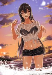 Rule 34 | 1girl, alternate costume, bikini, bikini under clothes, black bikini, black hair, cloud, commentary request, cowboy shot, denim, denim shorts, gradient sky, highres, kantai collection, long hair, looking at viewer, machi (ritovoyage), nagato (kancolle), ocean, red eyes, short shorts, shorts, sky, soaking feet, solo, standing, sunset, swimsuit, swimsuit under clothes, wading, water, wet, wet clothes