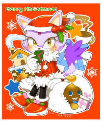 Rule 34 | 1girl, animal ears, blaze the cat, blue eyes, cat ears, cat girl, cat tail, chocola (sonic), coffee, eyelashes, forehead jewel, furry, furry female, gift, gift bag, gloves, heart, highres, holding, holding letter, kusunoki cherry, letter, looking at viewer, merry christmas, purple fur, red background, red footwear, sonic (series), tail, white gloves, yellow eyes