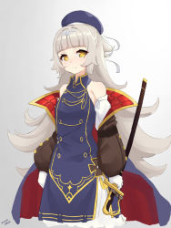 Rule 34 | 1girl, alternate costume, azur lane, beret, closed mouth, dated, gloves, grey background, hat, highres, holding, holding sword, holding weapon, long hair, looking at viewer, mole, mole under eye, motirimoti, platinum blonde hair, smile, solo, sword, weapon, white gloves, yellow eyes, z46 (azur lane)