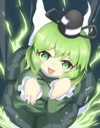 Rule 34 | 1girl, black hat, cross-laced clothes, dress, electricity, full body, ghost tail, green dress, green eyes, green hair, hat, highres, koruk700, long sleeves, looking at viewer, ofuda, ofuda on clothes, open mouth, soga no tojiko, solo, tate eboshi, tongue, tongue out, touhou