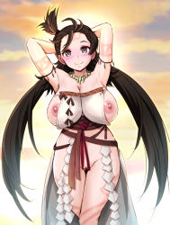 Rule 34 | 1girl, armpits, arms behind head, blush, breasts, brown eyes, brown hair, cleft of venus, closed mouth, cloud, commentary request, fate/grand order, fate (series), gluteal fold, harukigenia, highres, himiko (fate), himiko (first ascension) (fate), jewelry, large breasts, long hair, looking at viewer, magatama, magatama necklace, necklace, nipples, no bra, no panties, pussy, sky, smile, solo, standing, sunset, thigh gap, twintails