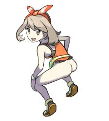 Rule 34 | 1girl, ass, bag, bare shoulders, black footwear, bottomless, breasts, brown hair, bule, creatures (company), female focus, from behind, full body, game freak, grey eyes, hair ornament, hairband, highres, looking at viewer, looking back, may (pokemon), may (pokemon oras), nintendo, open mouth, pokemon, pokemon oras, red shirt, shirt, shoes, simple background, sleeveless, sleeveless shirt, small breasts, smile, solo, spread legs, squatting, teeth, white background, wristband