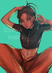 Rule 34 | 1girl, animification, apex legends, artist name, black shirt, character name, commentary request, cropped shirt, dark-skinned female, dark skin, expressionless, green background, green nails, hair behind ear, haji (haji07lo), hand in own hair, hand on own head, highres, midriff, multicolored hair, nail polish, navel, nose piercing, nose ring, orange pants, pants, piercing, rampart (apex legends), shirt, solo, streaked hair
